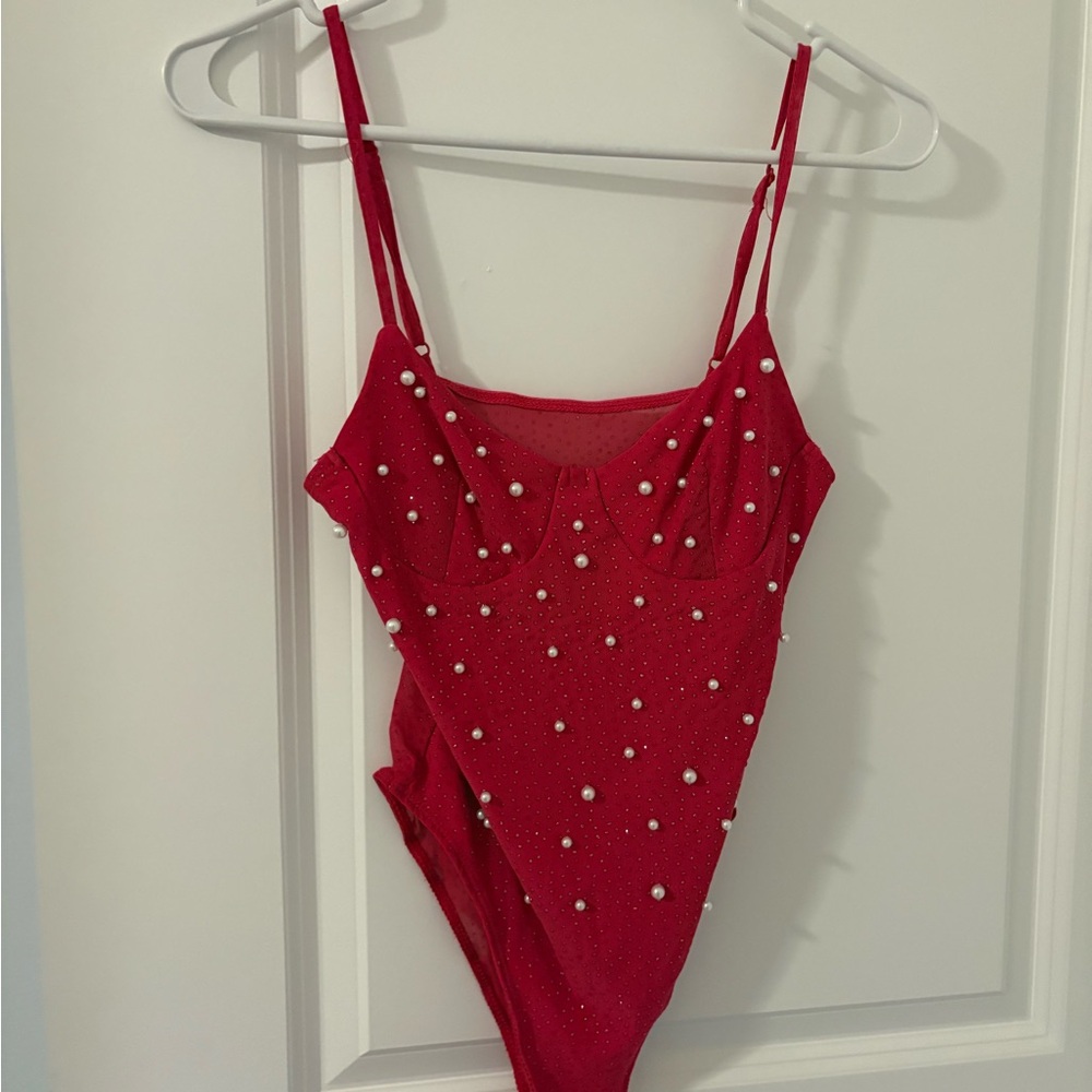 SHEIN pink Bodysuit with Pearl Details